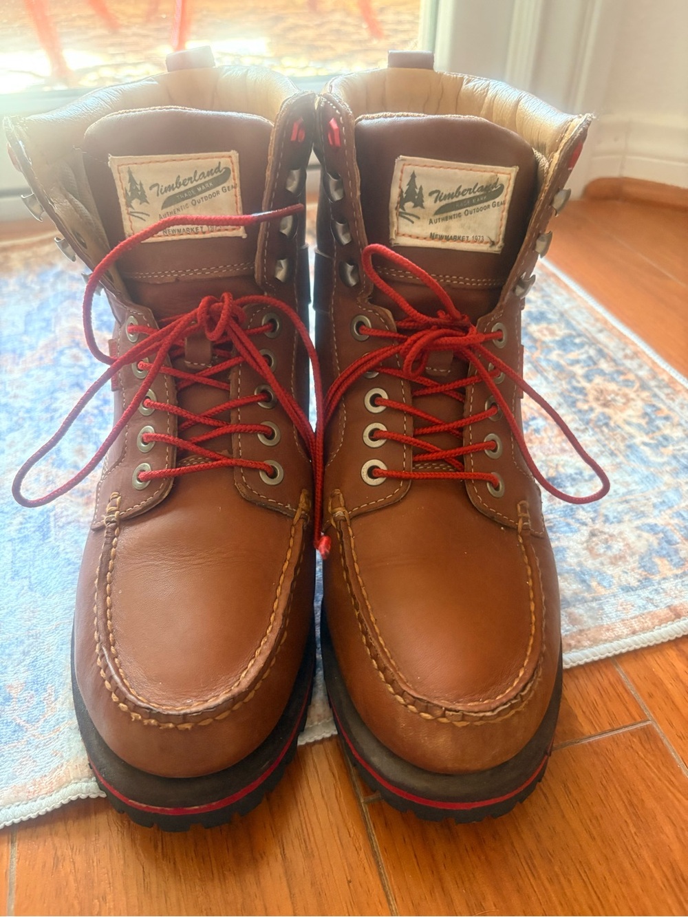 Timberland Men’s Brown Leather Moc Toe Boots with Red Laces